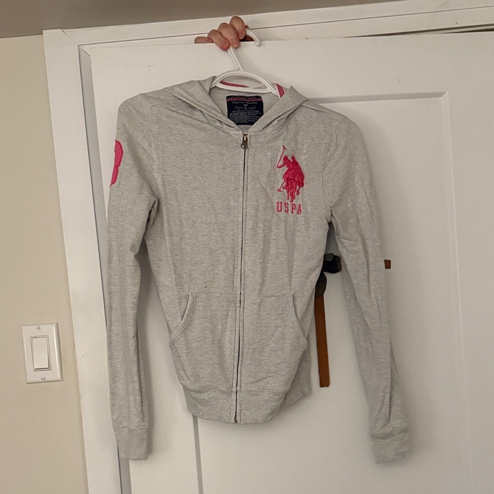 U.S. Polo Assn. Gray Hoodie with Pink Accents